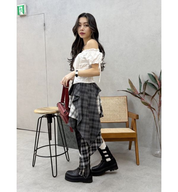 EVRIS「ランダムチェックアシンメトリーミニスカート」|スカート|