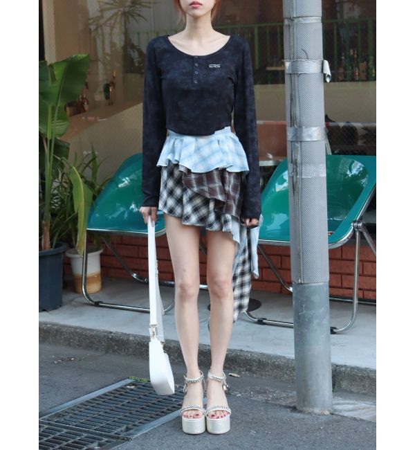 EVRIS「ランダムチェックアシンメトリーミニスカート」|スカート|