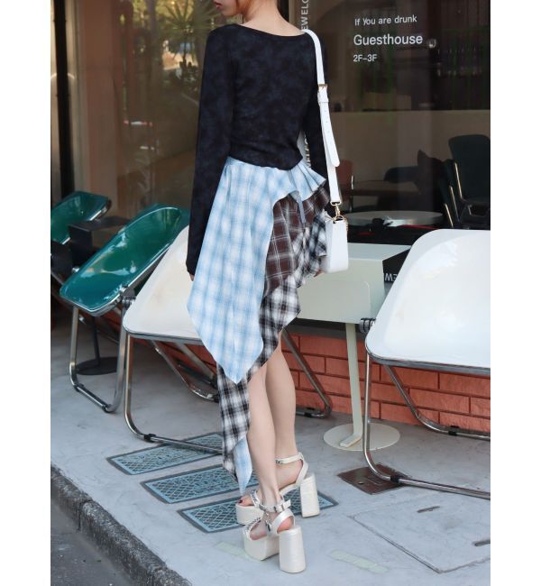 EVRIS「ランダムチェックアシンメトリーミニスカート」|スカート|