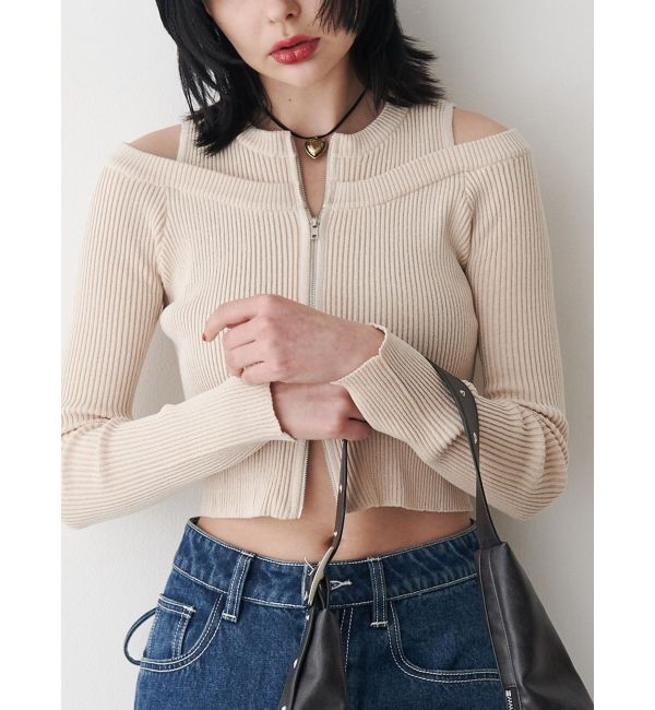 jouetie「カットアウトジップニット」|カーディガン|