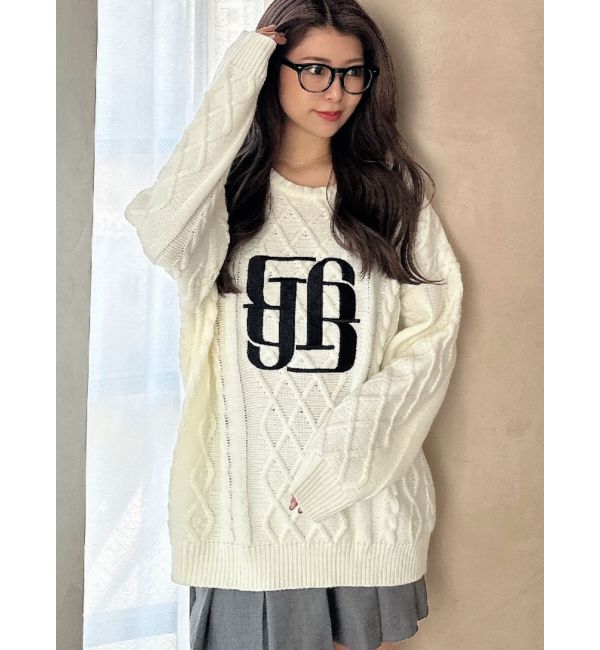 GYDA「BIG GYGYロゴ刺繍ケーブルニットトップス」|ニット・セーター|オフホワイト