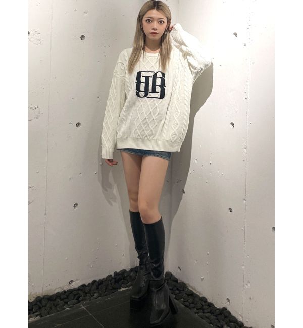 GYDA「BIG GYGYロゴ刺繍ケーブルニットトップス」|ニット・セーター|