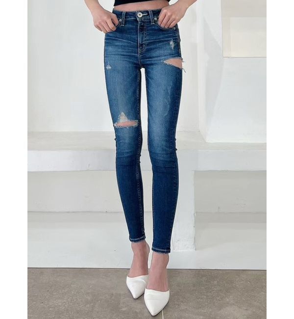 GYDA「ミドルウエストSIDE RIPPEDスキニーデニムパンツ」|デニム|ブルー