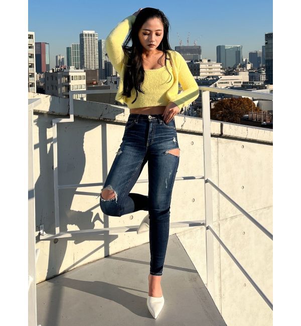 GYDA「ミドルウエストSIDE RIPPEDスキニーデニムパンツ」|デニム|