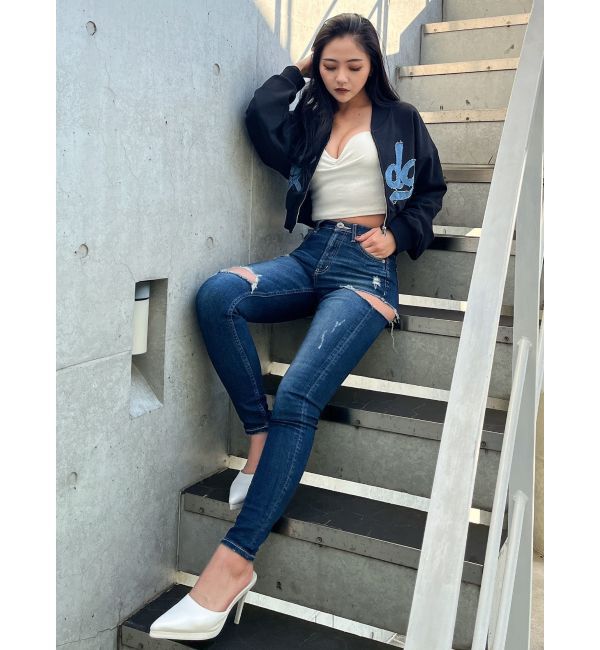 GYDA「ミドルウエストSIDE RIPPEDスキニーデニムパンツ」|デニム|