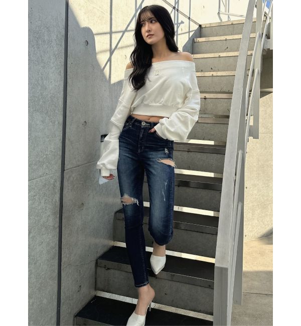 GYDA「ミドルウエストSIDE RIPPEDスキニーデニムパンツ」|デニム|