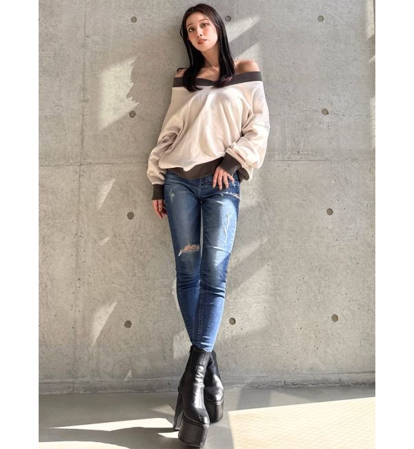 GYDA「ミドルウエストSIDE RIPPEDスキニーデニムパンツ」|デニム|