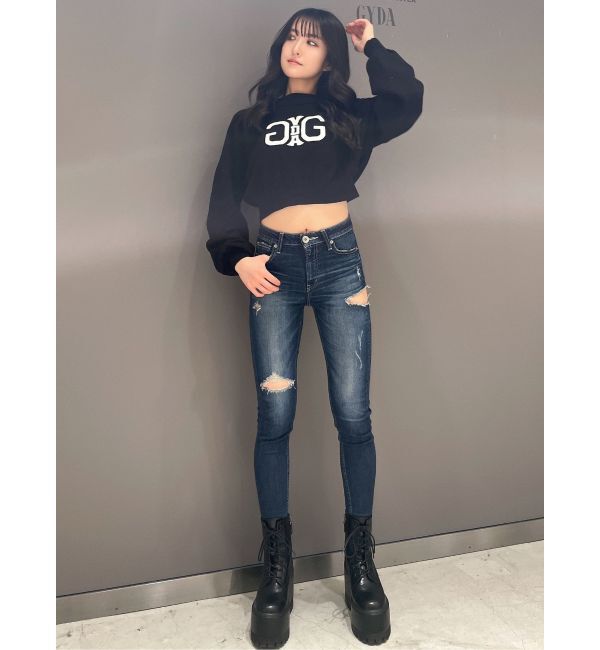 GYDA「ミドルウエストSIDE RIPPEDスキニーデニムパンツ」|デニム|