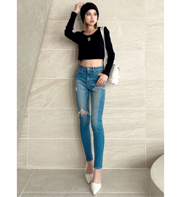 GYDA「ミドルウエストSIDE RIPPEDスキニーデニムパンツ」|デニム|