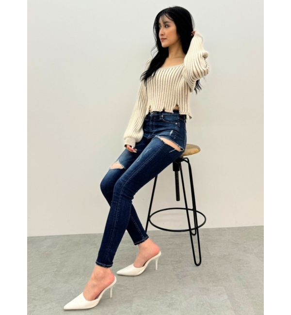 GYDA「ミドルウエストSIDE RIPPEDスキニーデニムパンツ」|デニム|