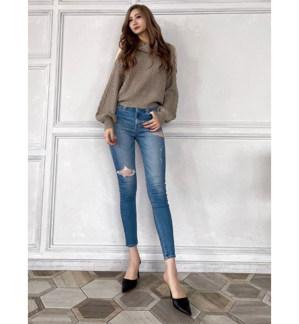 GYDA「ミドルウエストSIDE RIPPEDスキニーデニムパンツ」|デニム|