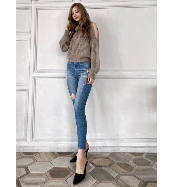 GYDA「ミドルウエストSIDE RIPPEDスキニーデニムパンツ」|デニム|