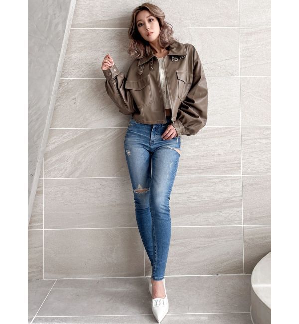 GYDA「ミドルウエストSIDE RIPPEDスキニーデニムパンツ」|デニム|