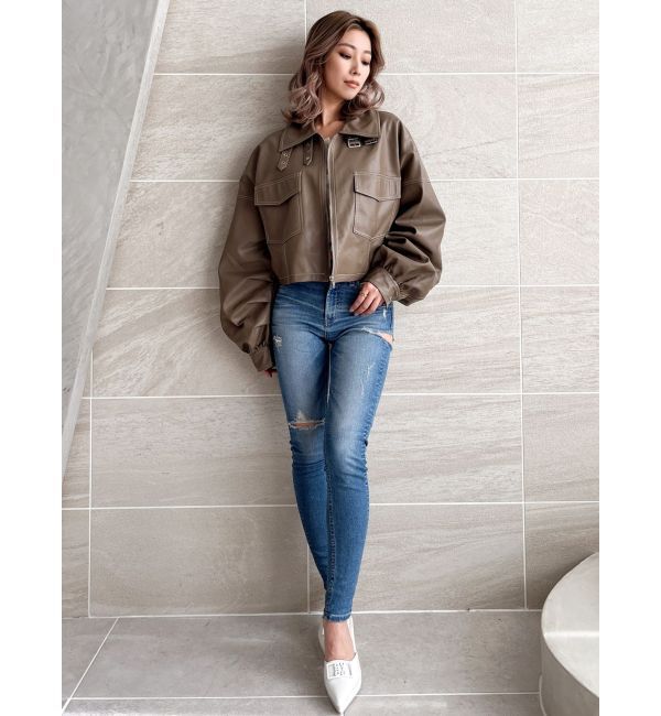 GYDA「ミドルウエストSIDE RIPPEDスキニーデニムパンツ」|デニム|