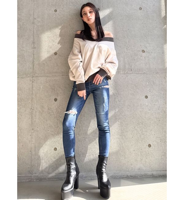 GYDA「ミドルウエストSIDE RIPPEDスキニーデニムパンツ」|デニム|