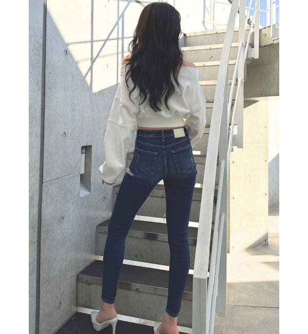 GYDA「ミドルウエストSIDE RIPPEDスキニーデニムパンツ」|デニム|