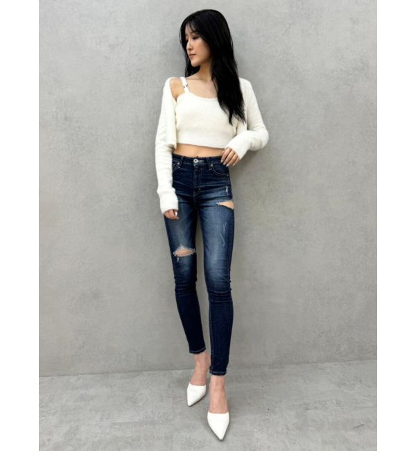 GYDA「ミドルウエストSIDE RIPPEDスキニーデニムパンツ」|デニム|