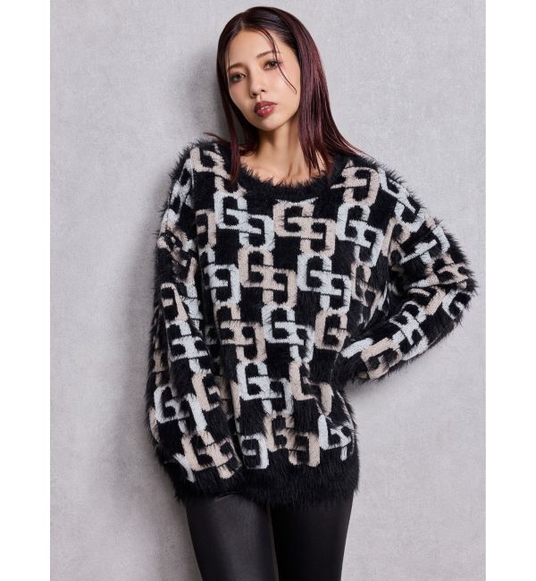 GYDA「GG PATTERN MIXシャギーニットトップス」|ニット・セーター|ブラック