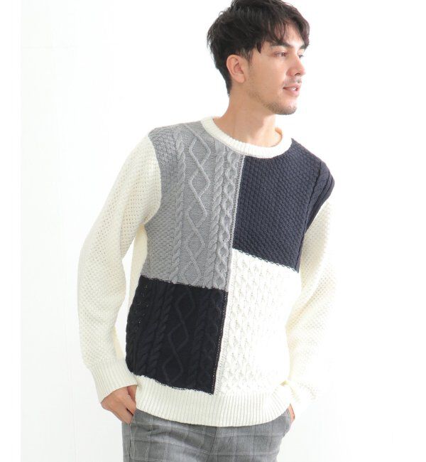 ikka「ブロック切り替えニット」|プルオーバー|オフホワイト