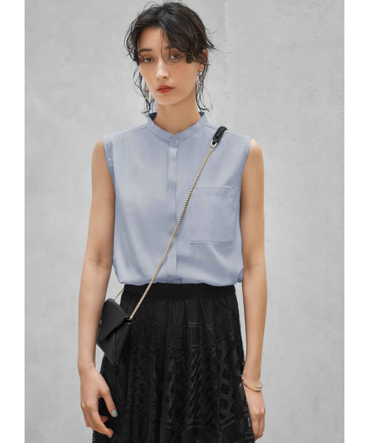 STYLE DELI「しなやかなノースリーブ比翼シャツブラウス」|シャツ・ブラウス|ペールブルー