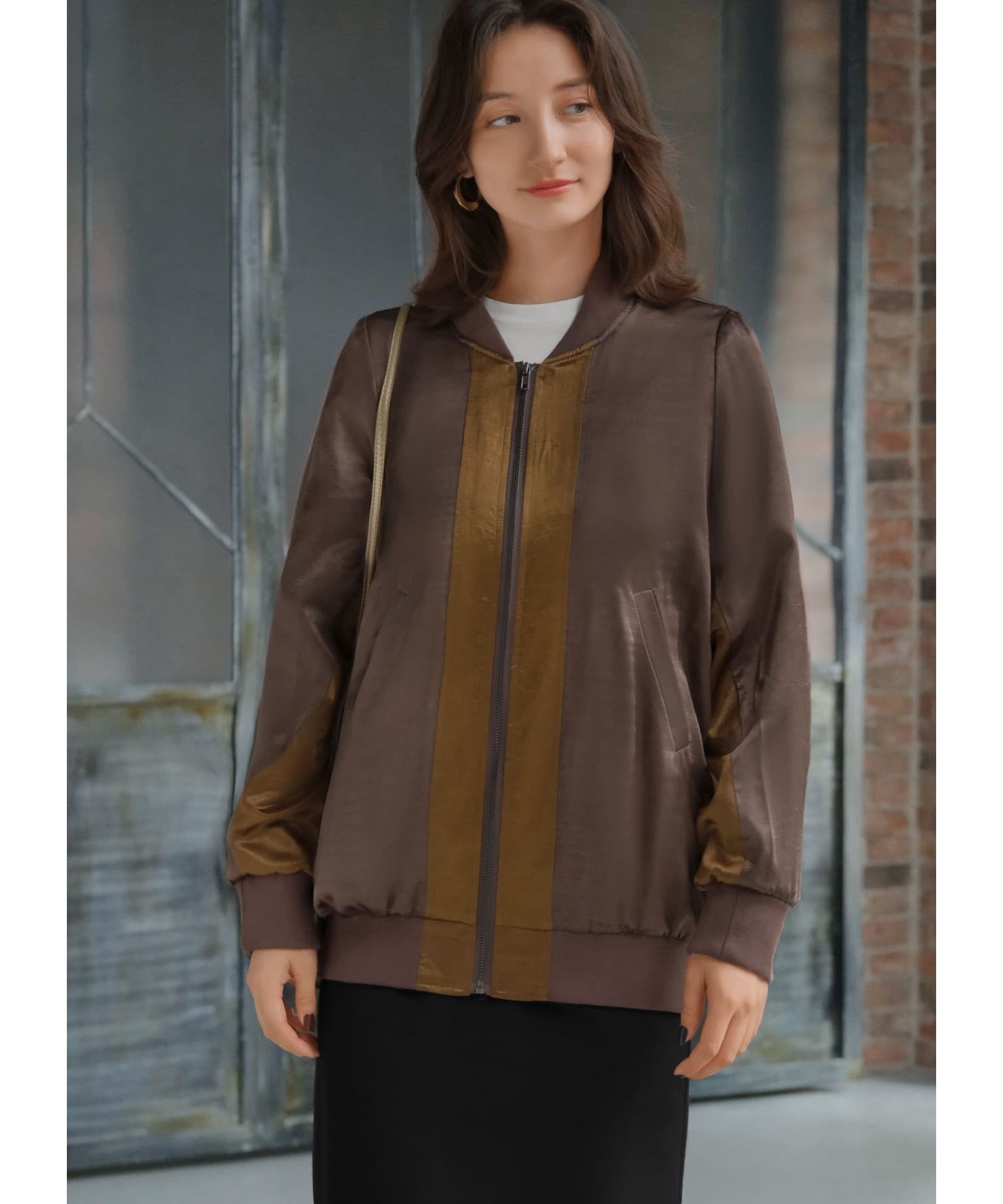 STYLE DELI「シボ感サテン微配色ブルゾン」|ブルゾン・スタジャン|ブラウン