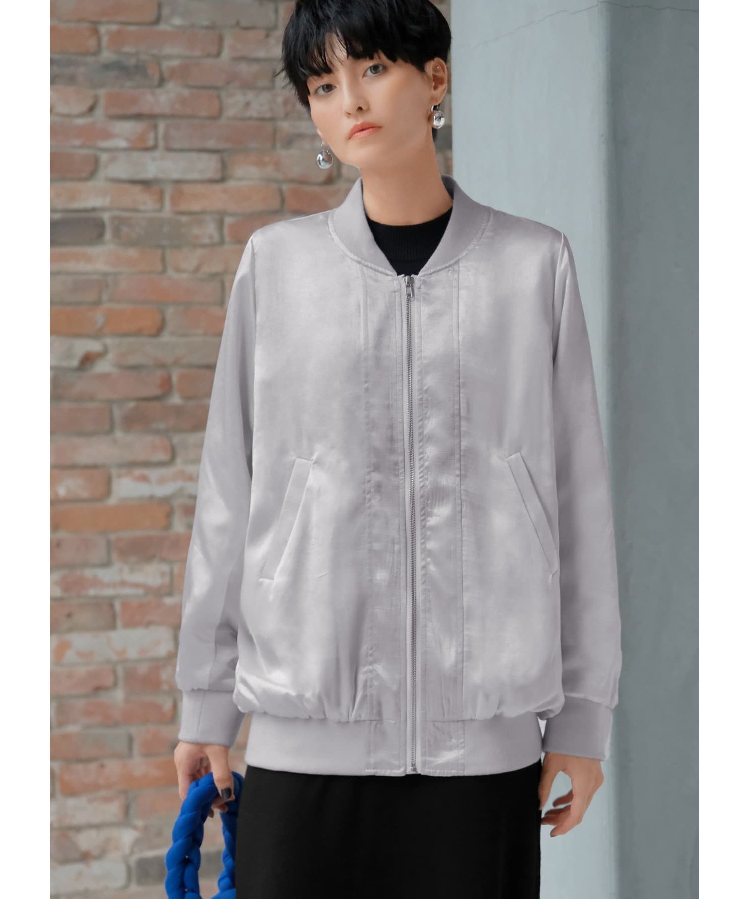 STYLE DELI「シボ感サテン微配色ブルゾン」|ブルゾン・スタジャン|シルバー