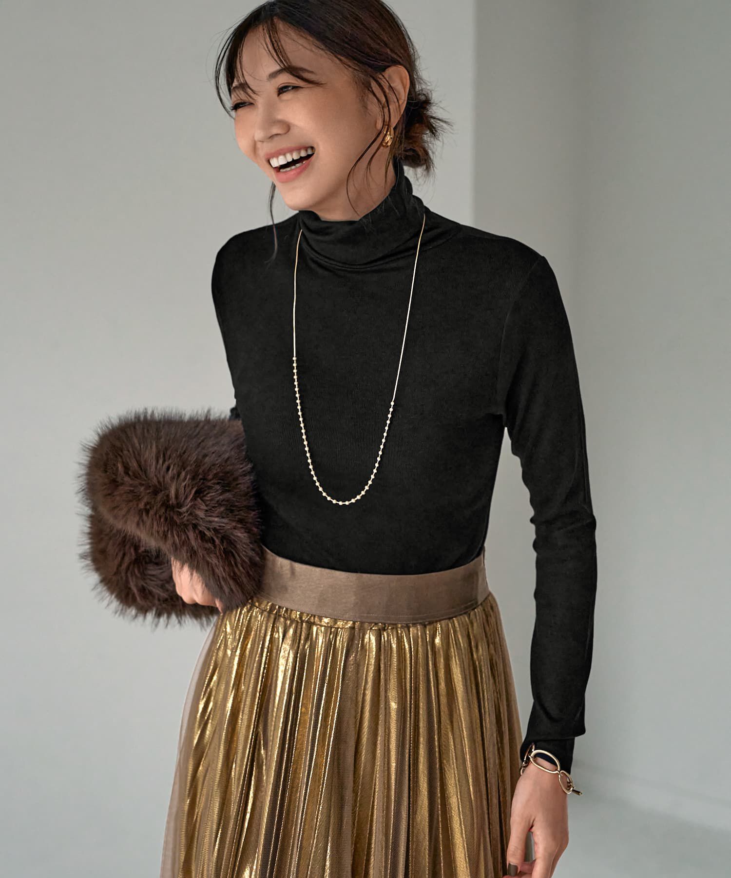 STYLE DELI「とろみ薄リブタートルネックトップス」|Tシャツ・カットソー|ブラック