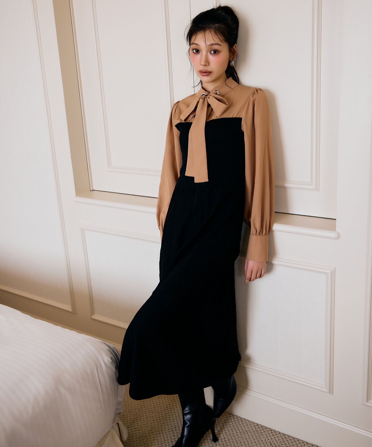 アンドクチュール「ボウタイ&times;ニットドッキングワンピース」|ワンピース|