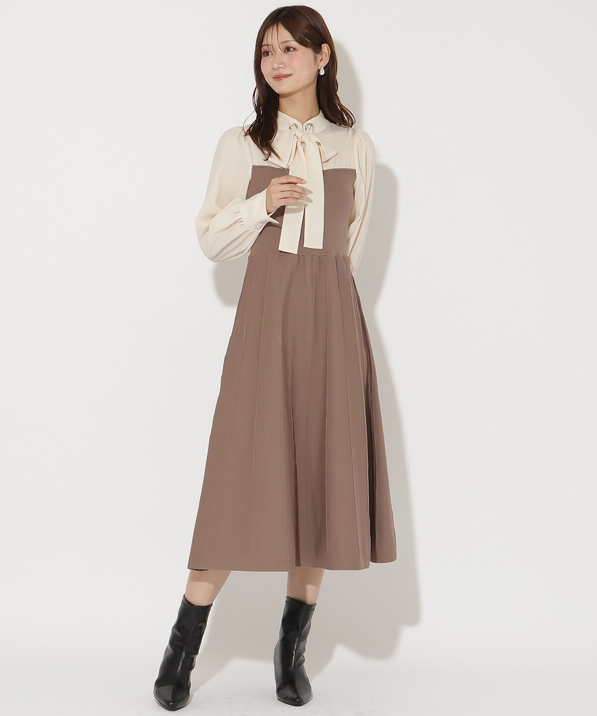 アンドクチュール「ボウタイ&times;ニットドッキングワンピース」|ワンピース|