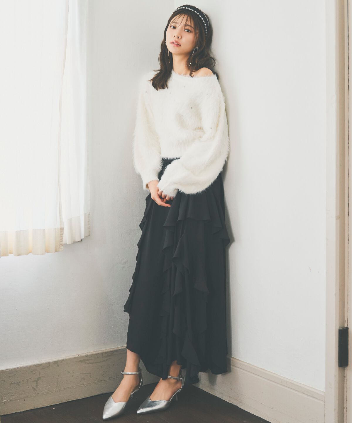 アンドクチュール「ラッフル切替フレアスカート」|フレア|ブラック