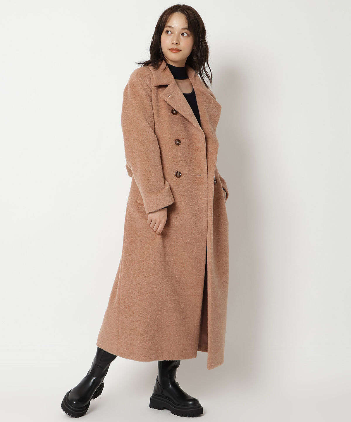 REDYAZEL「シャギーロングコート」|ステンカラーコート|オレンジ