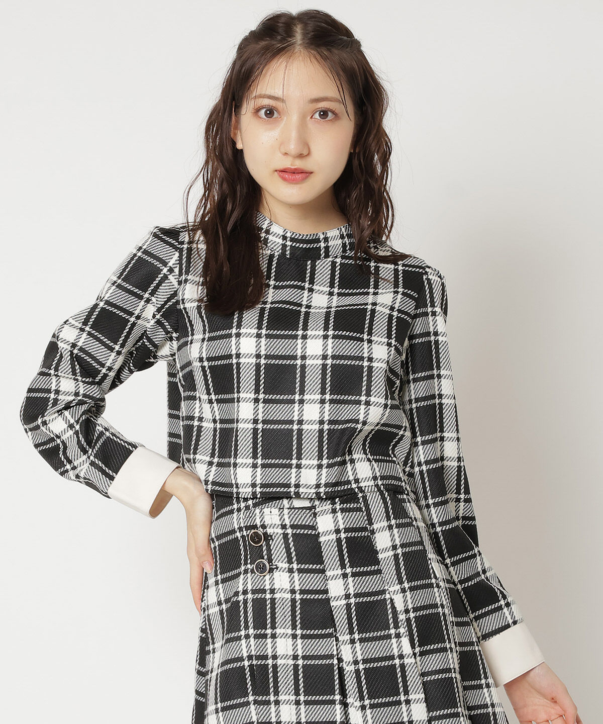 REDYAZEL「チェックハイネックコンパクトブラウス」|シャツ・ブラウス|ブラック