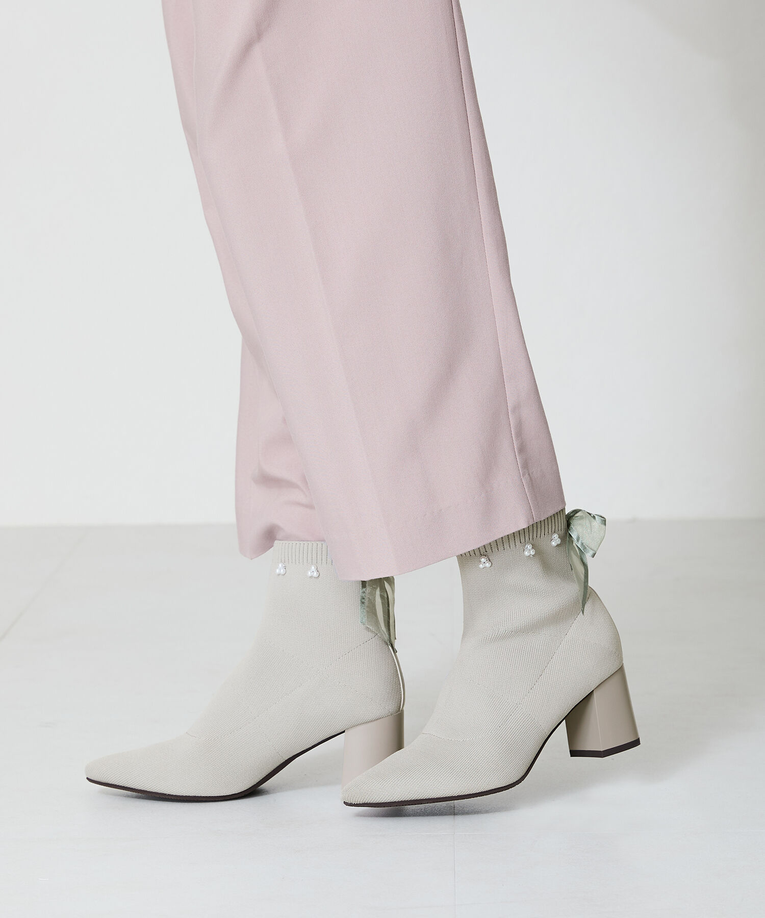 ORiental TRaffic「チュールリボン&times;パール ニットブーツ /41429」|ショートブーツ|