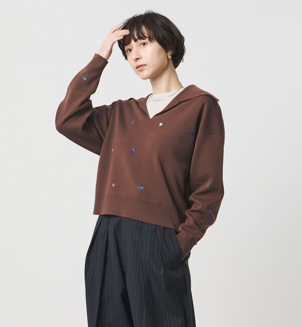 UNITED ARROWS「フラワー エンブロイダリー スキッパーニット」|ニット・セーター|DK.BROWN