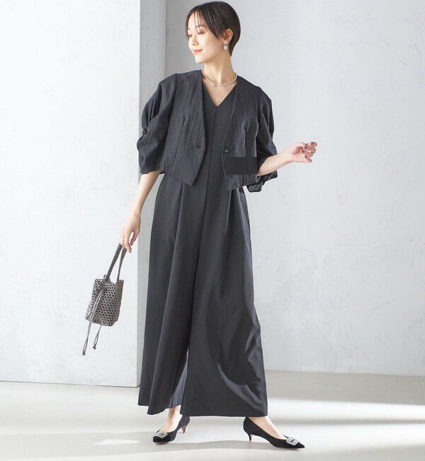 SHIPS for women「little black:〈手洗い可能〉ネジリ スリーブ シアー ショート 羽織（セレモニー対応可）」|ノーカラージャケット|