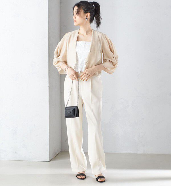 SHIPS for women「little black:〈手洗い可能〉ネジリ スリーブ シアー ショート 羽織（セレモニー対応可）」|ノーカラージャケット|