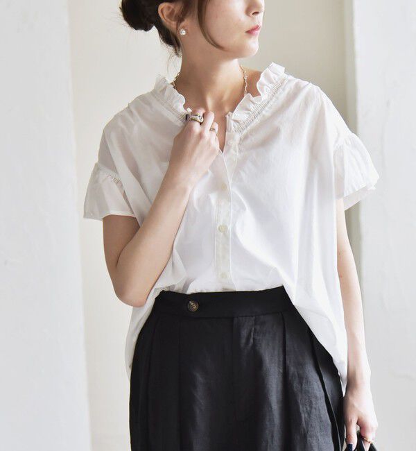 quaranciel「quaranciel:〈手洗い可能〉コットン フリルネック フレアスリーブ ブラウス」|シャツ・ブラウス|ホワイト
