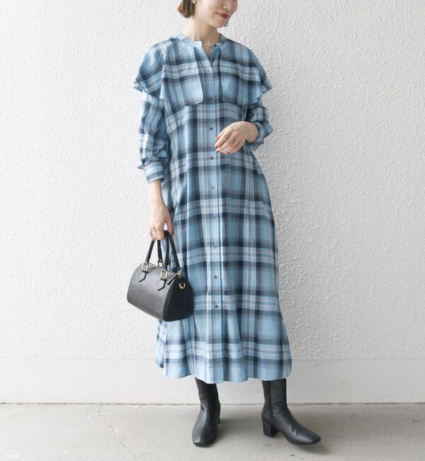 SHIPS any「SHIPS any:〈洗濯機可能〉ペール チェック ヨーク フリル ワンピース」|ワンピース|ブルー