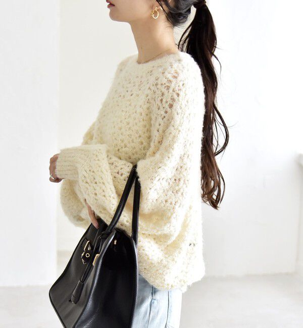 quaranciel「quaranciel:〈手洗い可能〉スパンコール レース編み クルーネック ドルマン ルーズ ニット」|ニット・セーター|