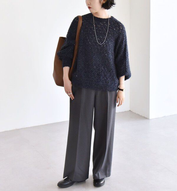 quaranciel「quaranciel:〈手洗い可能〉スパンコール レース編み クルーネック ドルマン ルーズ ニット」|ニット・セーター|