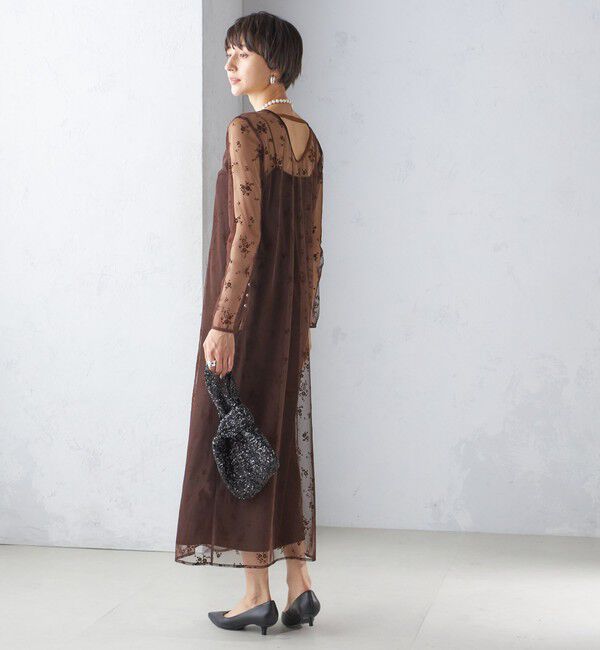 SHIPS for women「kaene:フロッキー レース ポリエステルベロア 2WAY ドレス（セレモニー対応可）」|ワンピース|ブラウン