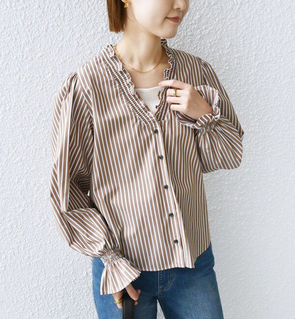 SHIPS for women「【WEB限定】〈手洗い可能〉 シャーリング Vネック 長袖 ブラウス」|シャツ・ブラウス|