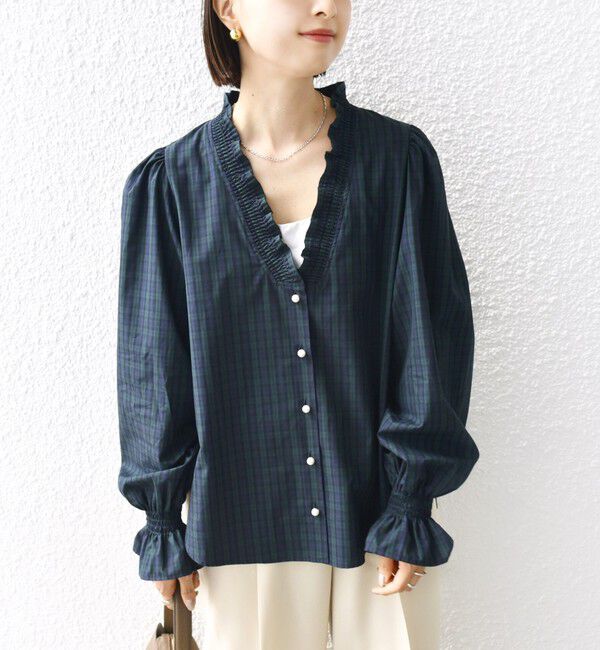 SHIPS for women「【WEB限定】〈手洗い可能〉 シャーリング Vネック 長袖 ブラウス」|シャツ・ブラウス|