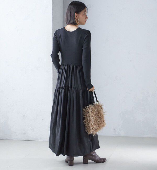 SHIPS for women「〈手洗い可能〉リブ ニット 長袖 &times; 布帛 ギャザー スカート ワンピース」|ワンピース|