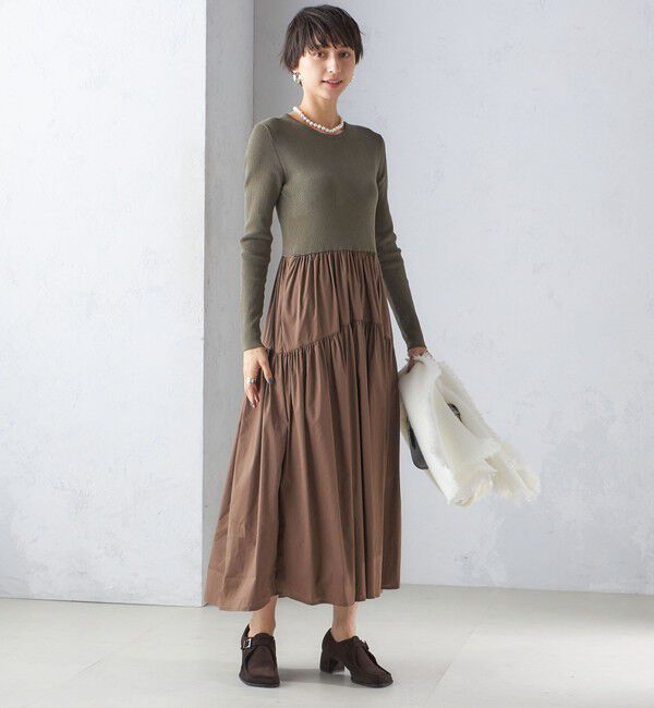 SHIPS for women「〈手洗い可能〉リブ ニット 長袖 &times; 布帛 ギャザー スカート ワンピース」|ワンピース|