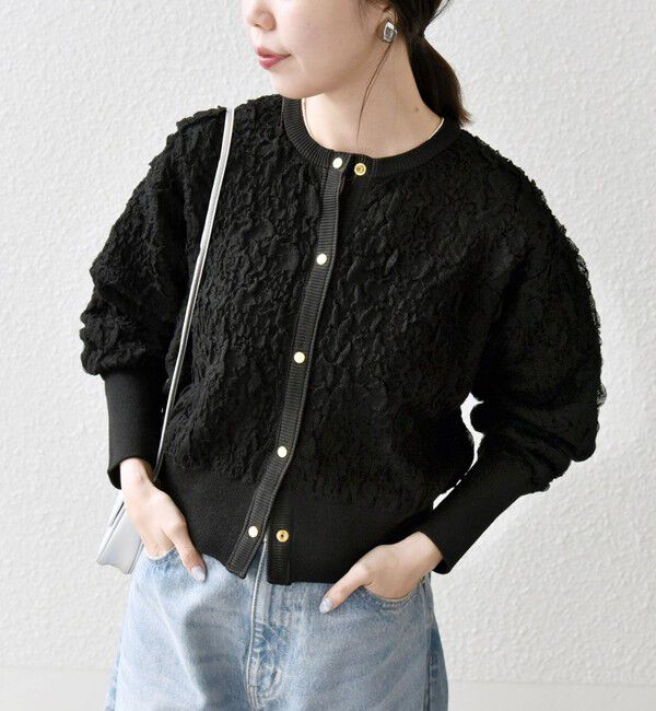 SHIPS any「【WEB限定】SHIPS any:〈手洗い可能〉ジャカード バンピー コンパクト カーディガン」|カーディガン|ブラック