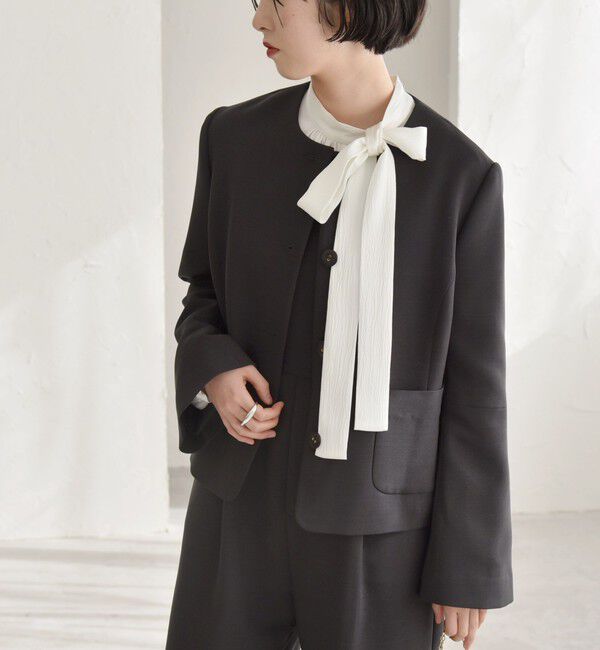 quaranciel「quaranciel:〈洗濯機可能〉ダブルクロス フレア ノーカラー ジャケット（セットアップ対応）」|ノーカラージャケット|チャコールグレー