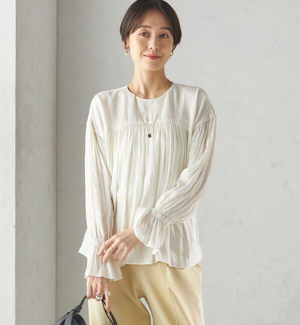 SHIPS for women「〈手洗い可能〉割繊 クルーネック ギャザー ブラウス」|シャツ・ブラウス|