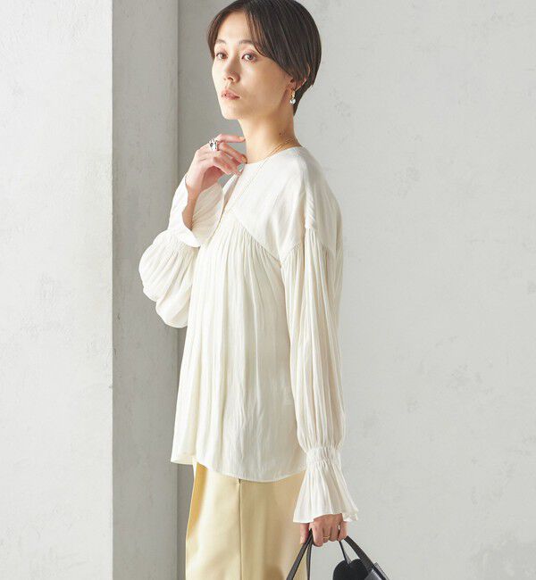 SHIPS for women「〈手洗い可能〉割繊 クルーネック ギャザー ブラウス」|シャツ・ブラウス|