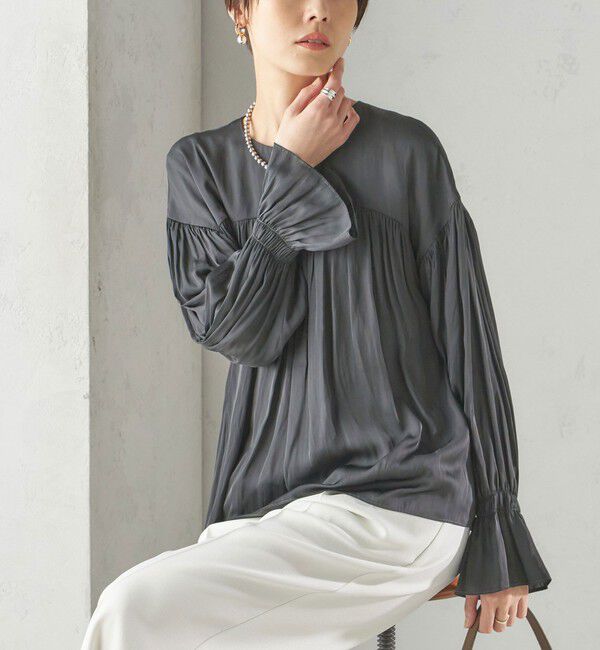 SHIPS for women「〈手洗い可能〉割繊 クルーネック ギャザー ブラウス」|シャツ・ブラウス|ダークグレー
